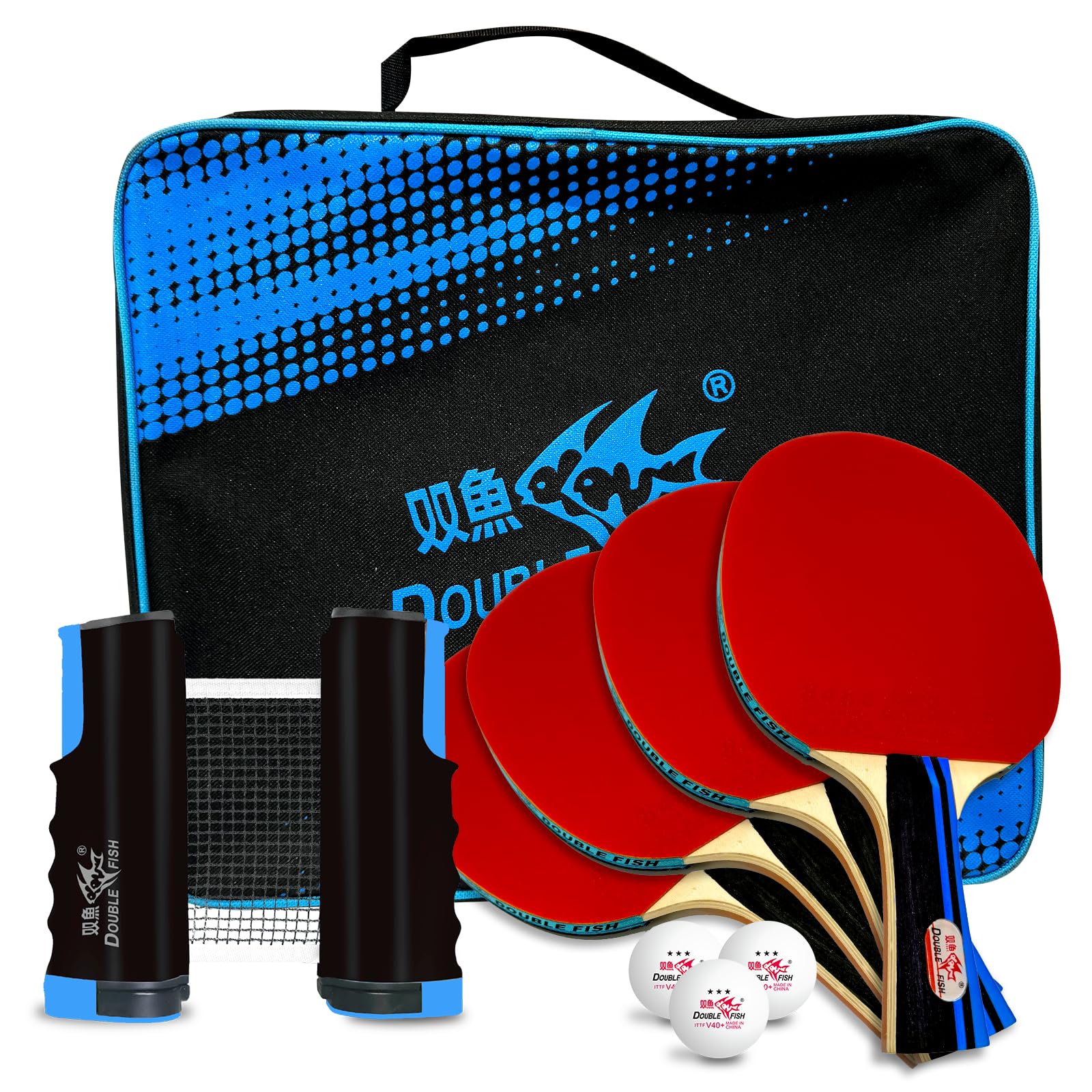 4 Piece Double Fish Ping Pong Paddle Set for Training and Game ITTF Approved 3-Star WTT Carrying Case