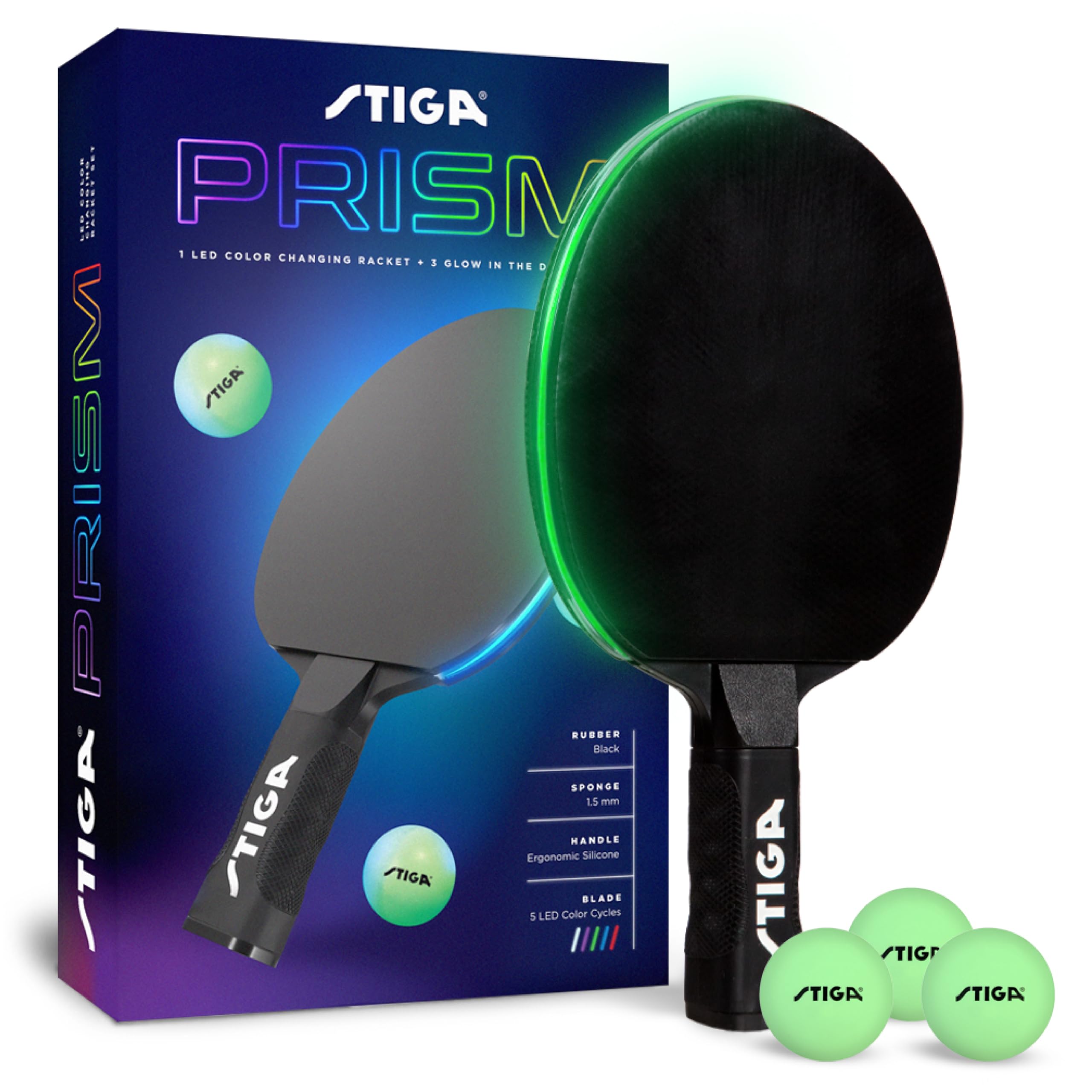 STIGA Prism LED Ping Pong Paddle for Night Games - 5 LED Color Cycles - Color Gradient Mode - Includes Glow-in-The-Dark